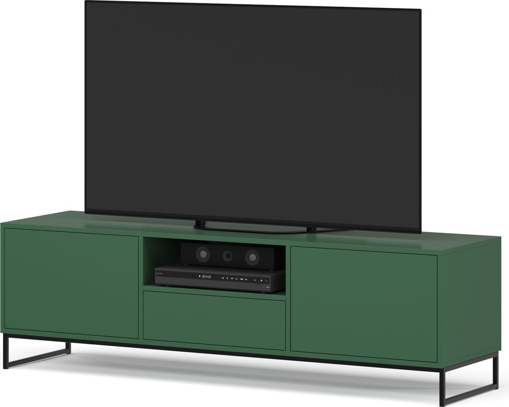 A green TV stand with a television on top, and electronic devices on the shelf.