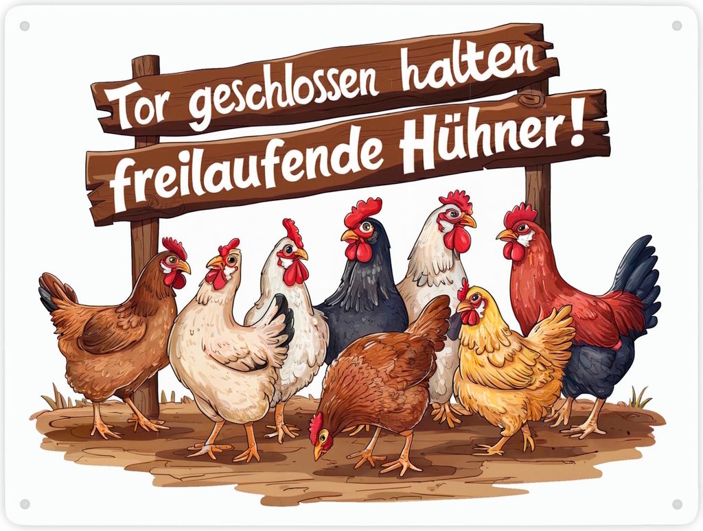 Freilaufende Hühner - Tor geschlossen halten Metallschild Produktbild 