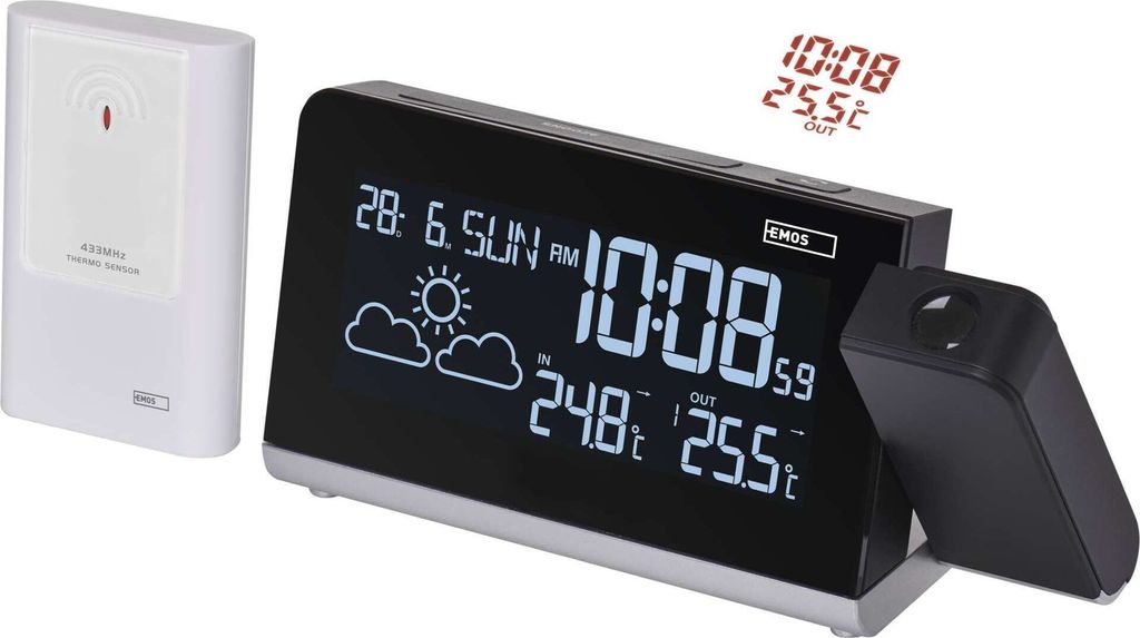 EMOS Funk-Wetterstation mit Projektion, Außensensor, VA-Display Anzeige und Projektor, Uhr, Temperatur, E8466