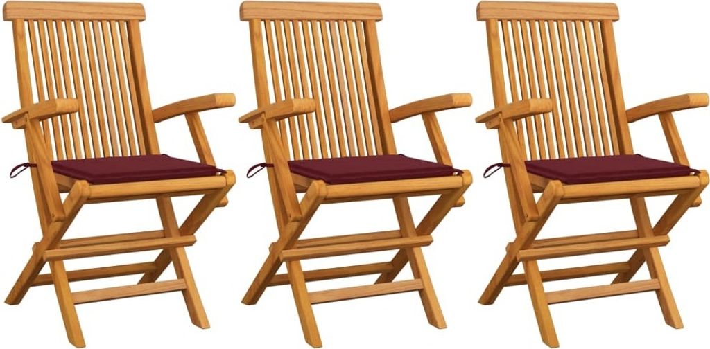 "im Angebot" Gartenstühle mit Weinroten Kissen 3 Stk. - bis 150 kg - Massivholz Teak - Stapelsessel CC2684