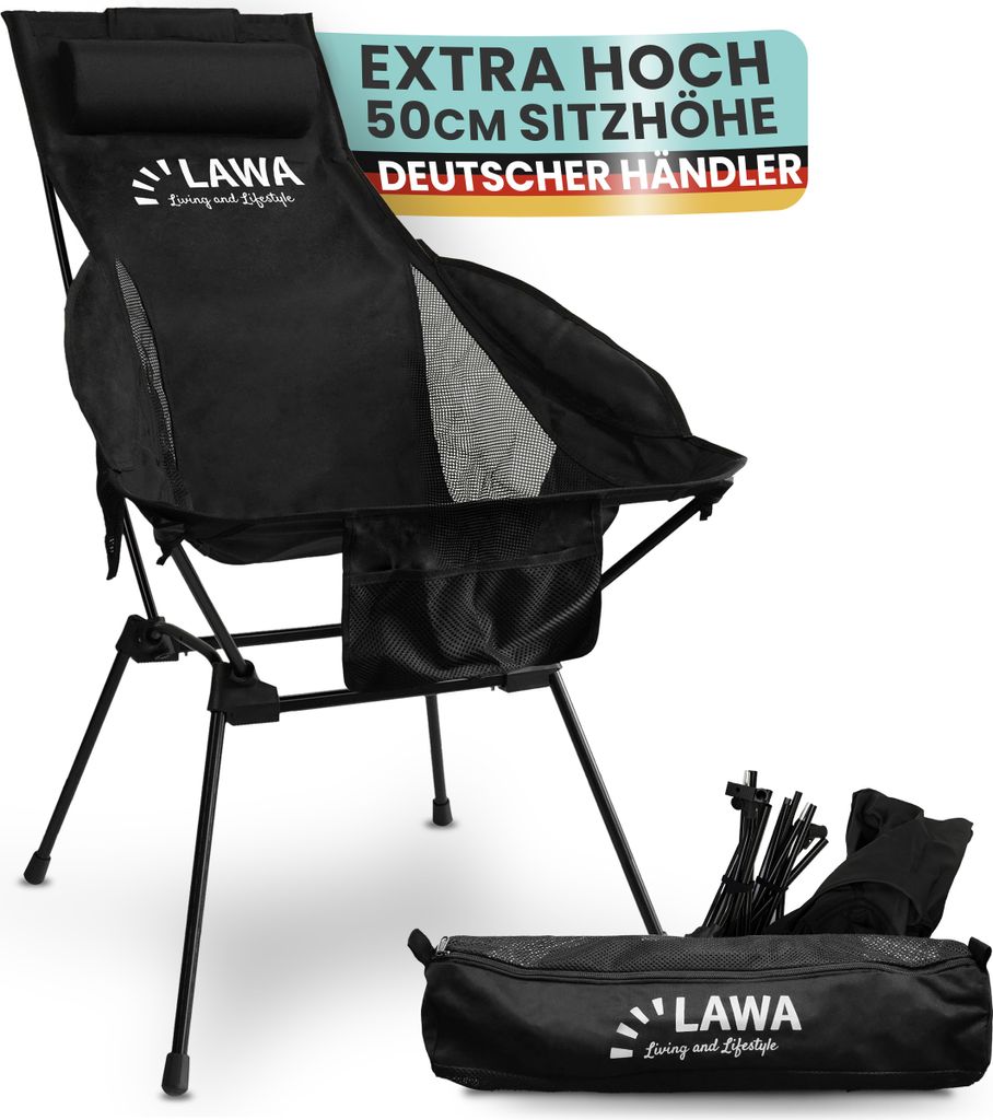 A black camping chair is shown with its accessories and a carrying bag.