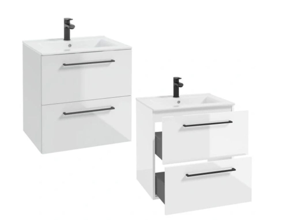 Badmöbel Set Hängeschrank mit Waschbecken Weiß Hochglanz 60cm 2 Schubladen Soft-Close Schwarz Griffe Keramik Waschtisch Komplett