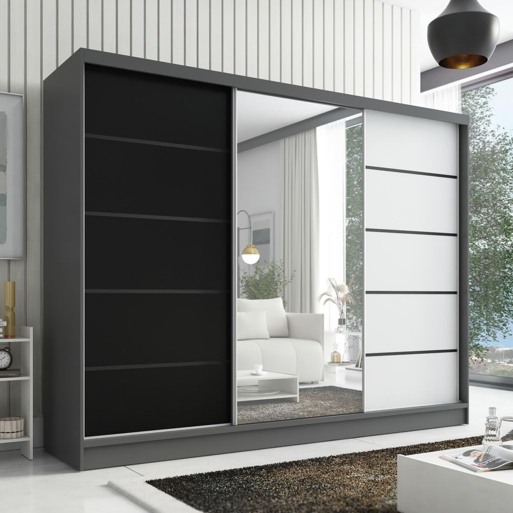 Schwebetürenschrank AURELIA 2, 3-türig Schrank 200 cm Kleiderschrank mit Schubladen, und Spiegel. Farbe: Graphit/ weiß / schwarz
