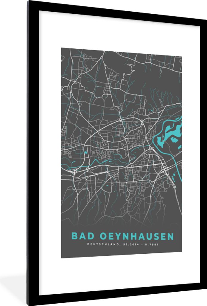 MuchoWow Gerahmtes Poster Deutschland - Blau - Bad Oeynhausen - Stadtplan - Karte 60x90 cm - Poster mit Schwarzem Bilderrahmen Wandposter Rahmen ...