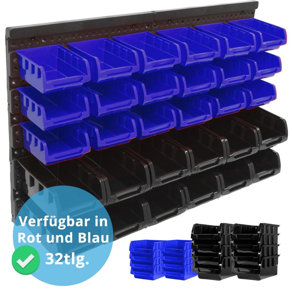 36 Stapelboxen blau Wandregal 158 x 77  Werzeugwand Sichtlagerbox Werkzeughalter 