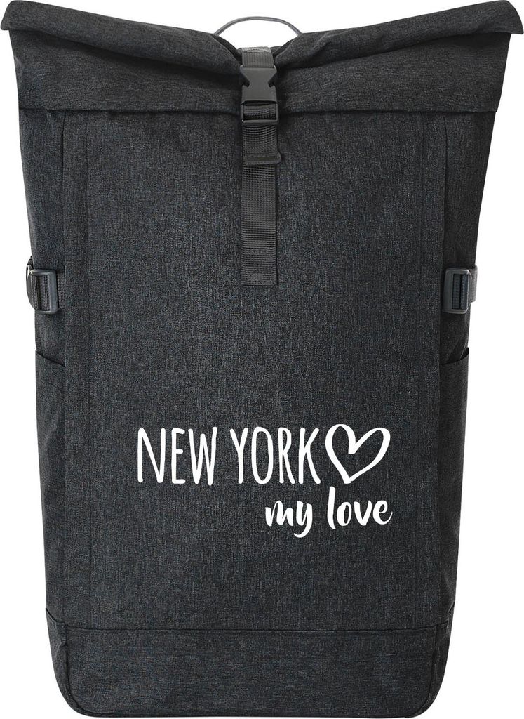 Huuraa Kurierrucksack New York my love 30-44 Liter Black Melange Fairtrade Rolltop Rucksack Geschenkidee