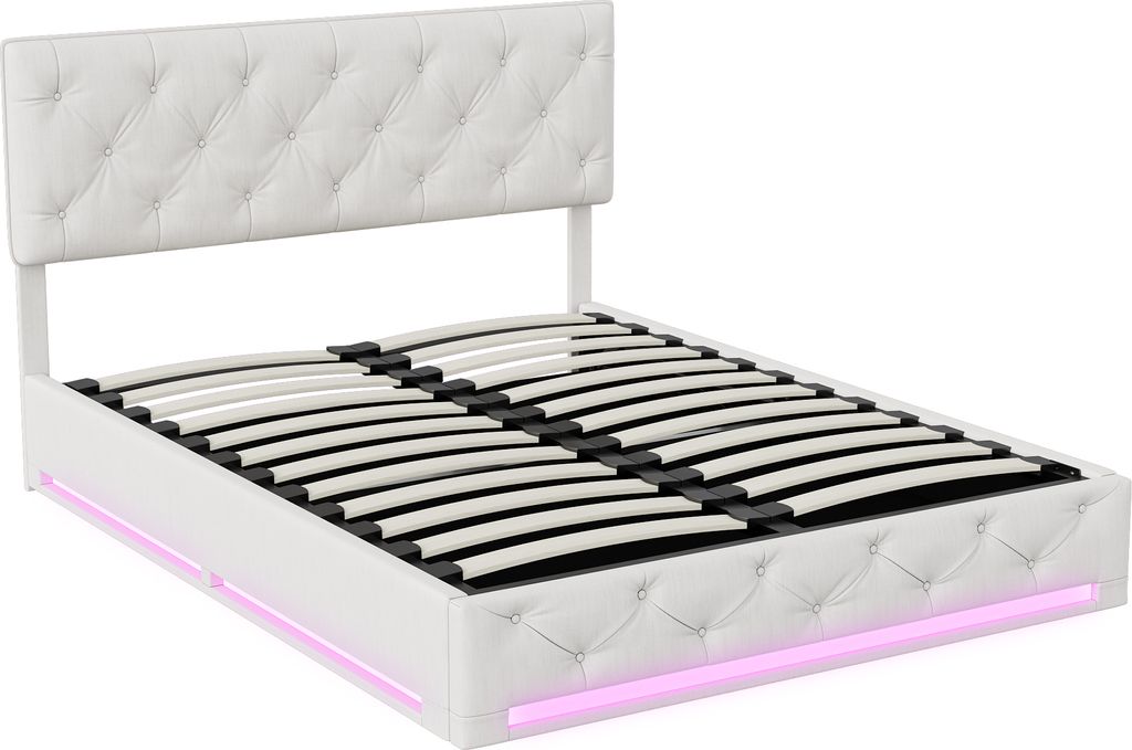 Bett (140 x 200 cm), Stauraum, Lattenrost, LED-Beleuchtung und verstellbares Kopfteil, beige