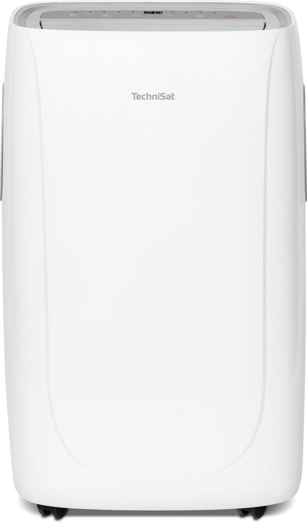 A white TechniSat portable air conditioner is shown from the front.