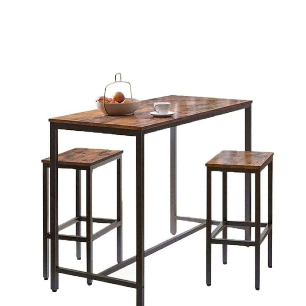 A bar table with two stools against a white background.