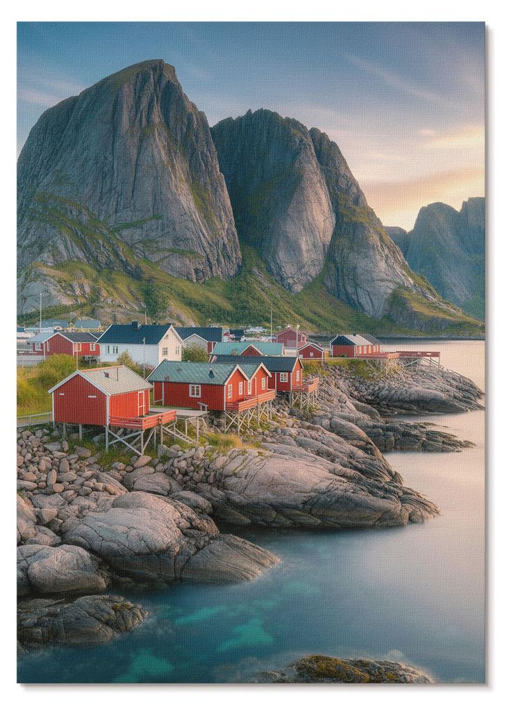 POSTER - 59x84 cm (A1) - Obel Z. - Charmante Ferienhäuser, ein ruhiges Meer und majestätische Berge - Wandbild für Wohnzimmer Schlafzimmer & Flu...