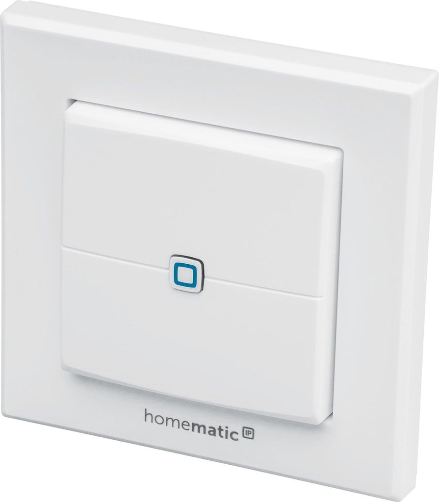A white Homematic IP wall switch with a blue indicator light.
