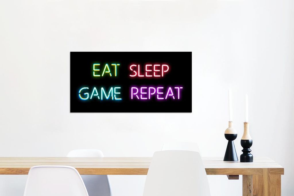 MuchoWow Wanddekoration Metall Metallbild Wandkunst 120x60 cm Gaming - Led - Zitat - Eat sleep game repeat - Gaming MuchoWow Aluminium Gemälde - M...