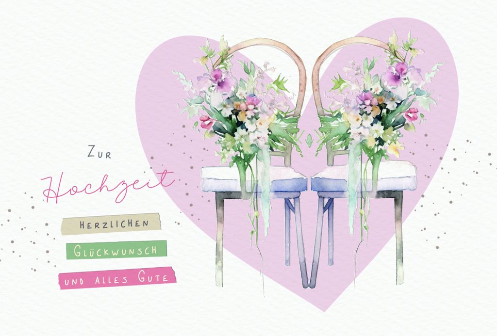 Hochzeit Karte mit Briefumschlag Herz, zwei Stühle, Blumenstrauß