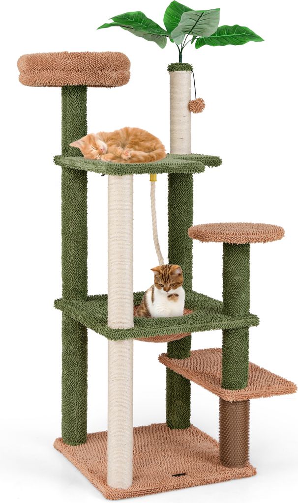 A multi-level cat tree with two cats, one sleeping and one sitting.