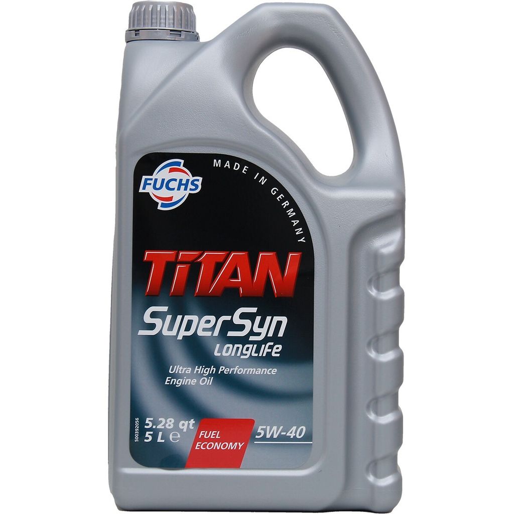 A silver plastic jug of engine oil with a black and red label.