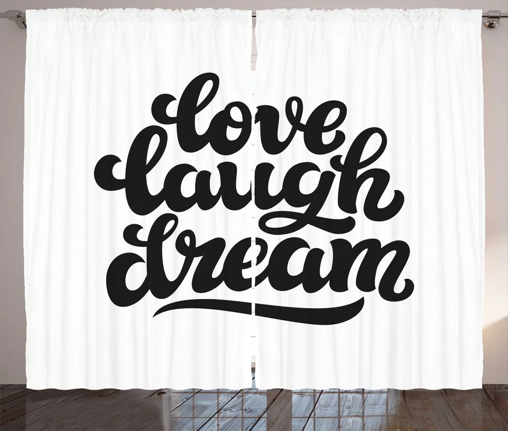 ABAKUHAUS Sogno Tenda rustica, Amore-Risate-Sogno Calligrafia, Soggiorno Nastro universale Tende con passanti e ganci, 280 x 175 cm, Bianco e nero