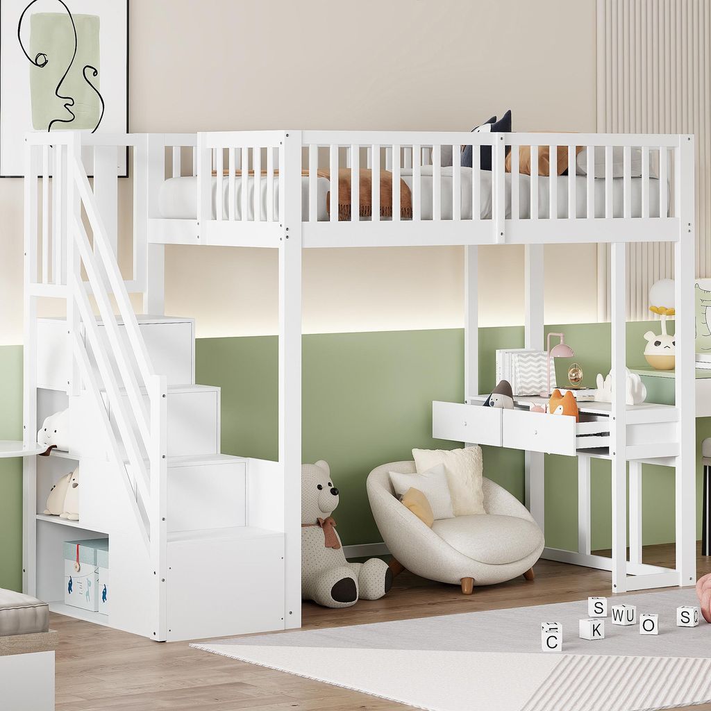 Flieks Etagenbett 90x200cm mit Rausfallschutz, Hochbett mit Schreibtisch, Kinderbett Einzelbett Holzbett mit Schubladen, Stockbett mit Treppe, Weiß