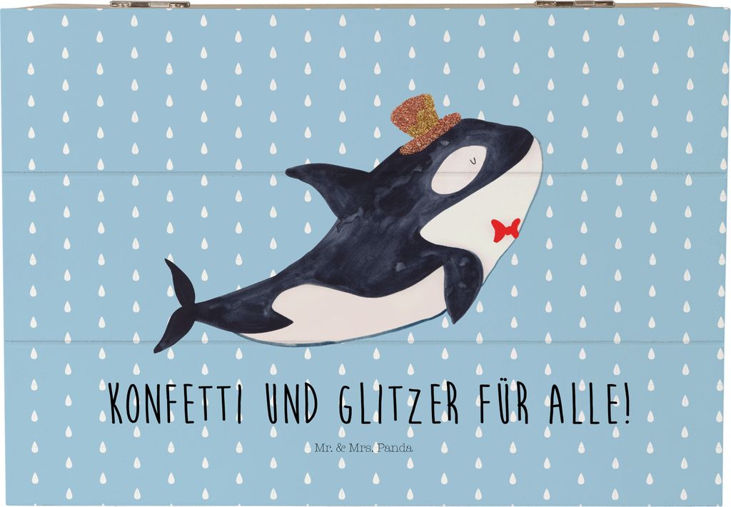 Mr. & Mrs. Panda Geschenkbox Orca Zylinder 22 x 15 cm - Blau Pastell - Geschenk, Truhe, Konfetti, Aufbewahrungskiste, Geburtstag, Glitzer, holz, Me...
