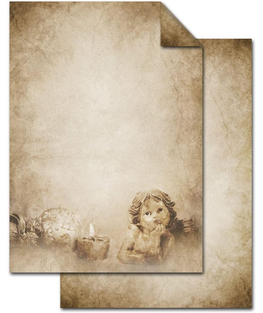 100 Blatt Weihnachts-Briefpapier beige ENGEL VINTAGE beidseitig bedruckt 100g Weihnachts-Papier DIN A4 Brief-Bogen marmoriert vintage natur gold br...