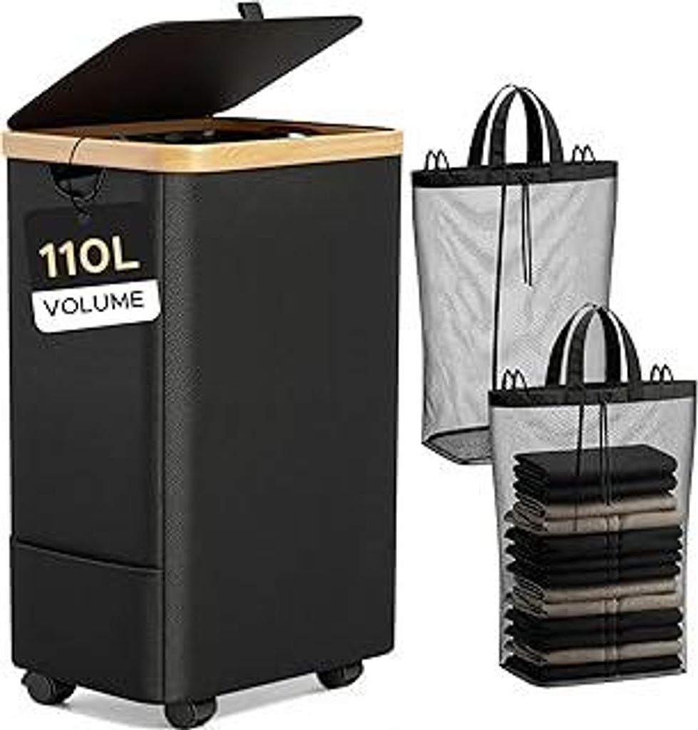 JYPS Wäschekorb 2 Fächer mit Deckel, 110L Groß Wäschekorb mit Rollen&Henkel, Wäschesammler mit Herausnehmbaren Wäschesack, Laundry Baskets W...