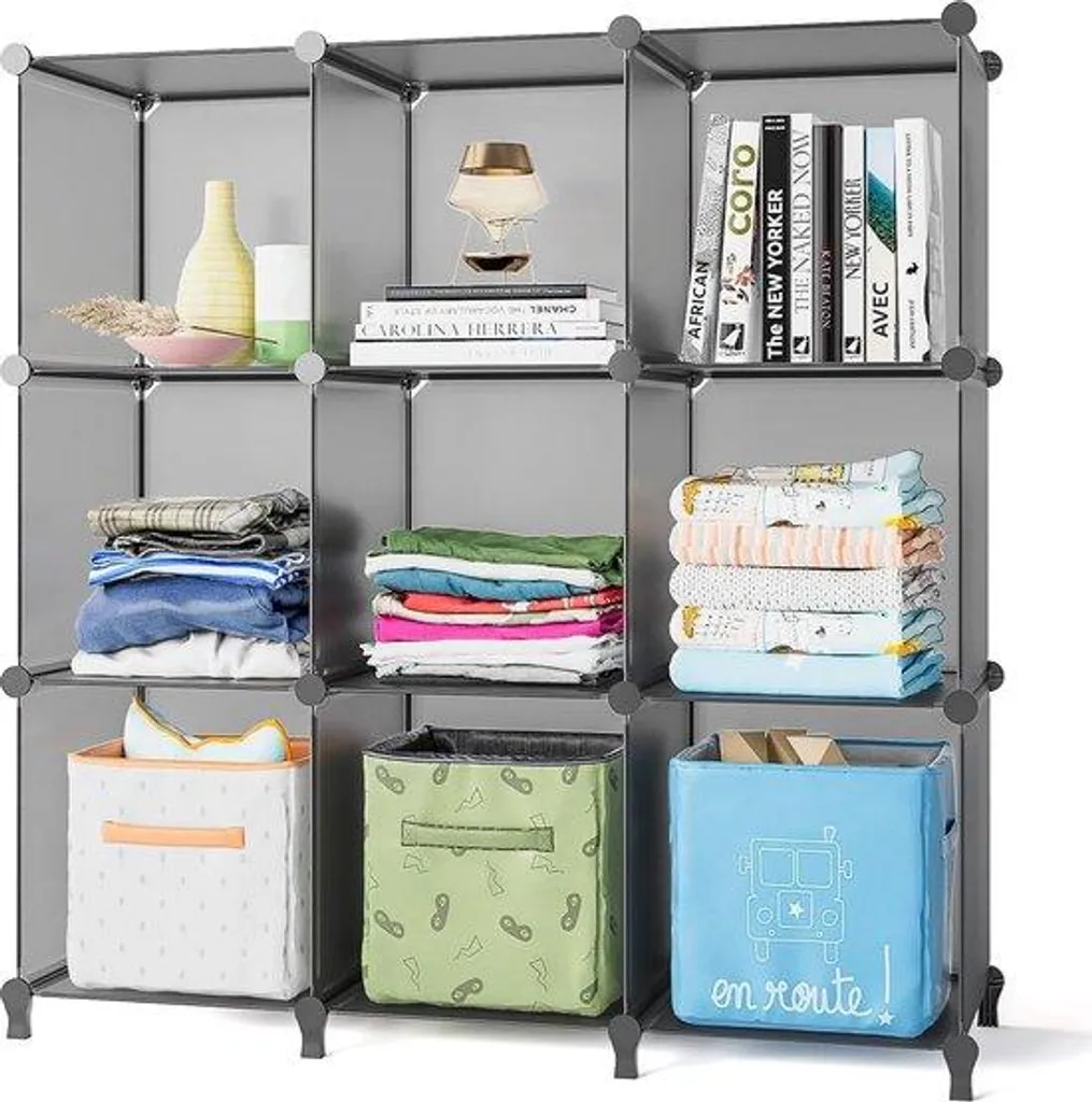 Bibliothèque modulable 9 cases grises pour rangement livres et jouets