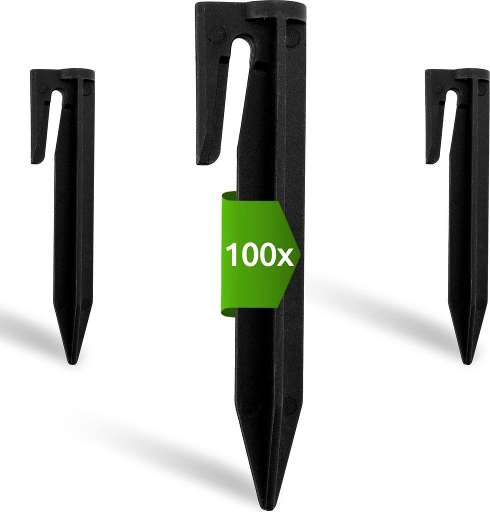 Three black garden stakes are shown against a white background. One stake in the center has a green overlay with the text '100x'.