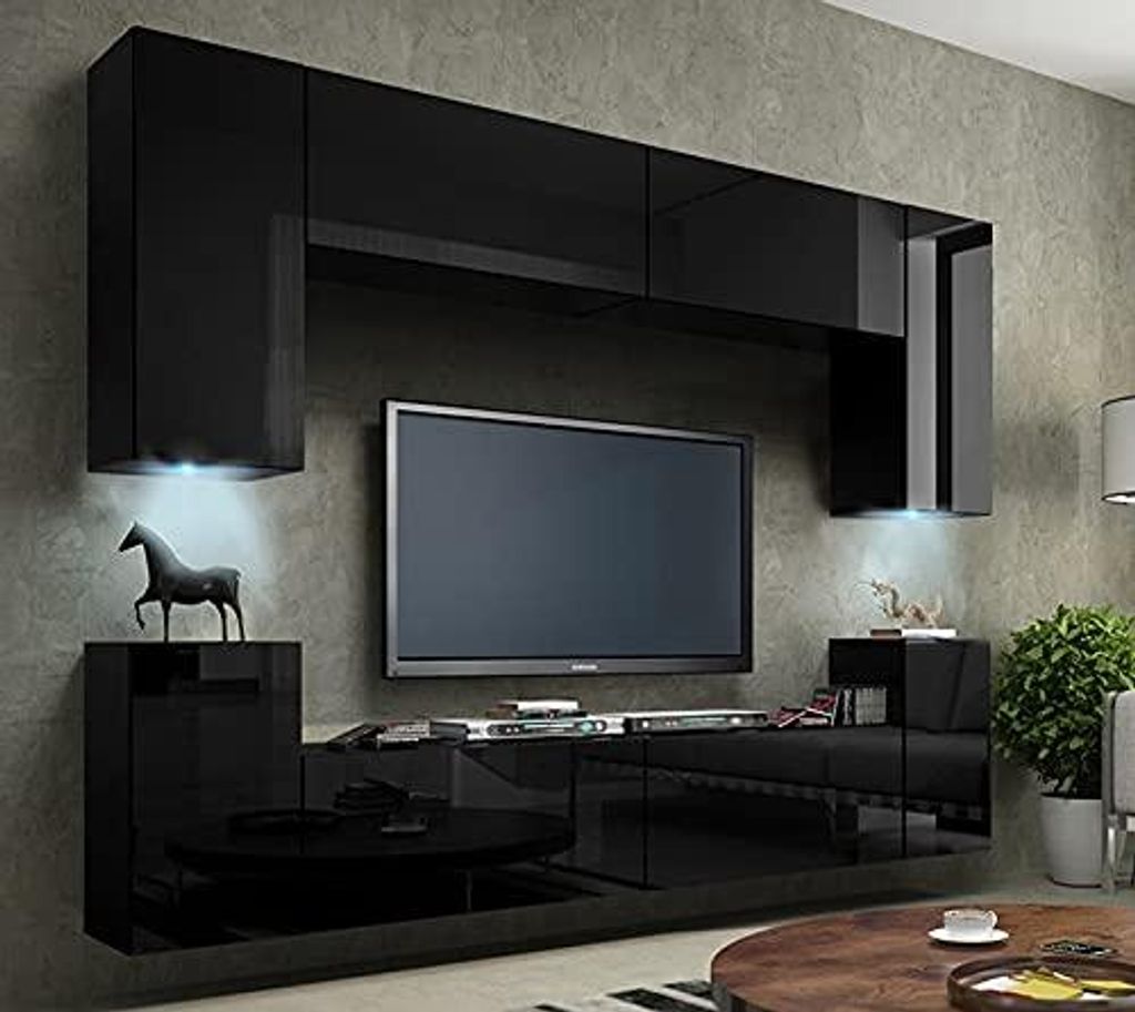 Furnitech Wohnwand Wohnzimmer - Wohnzimmer Möbel mit LED Weiß - Hängend Wohnwand Modern - Wohnzimmer Schrankwand(Future C1/HG/B/1 1A)
