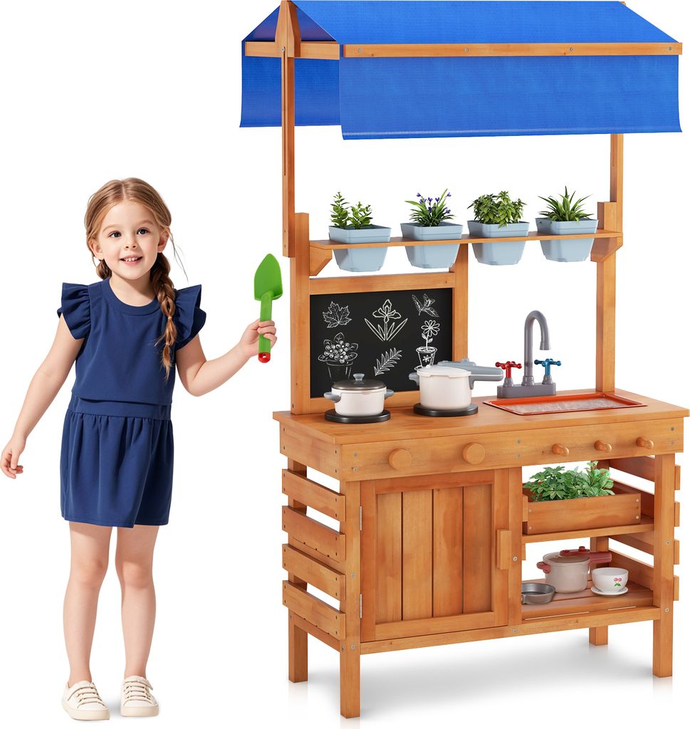 GOPLUS Matschküche Kinder Outdoor, Spielküche Tannenholz mit Baldachin, Spüle, 4 Töpfen & Tafel, Kinderküche 136x77x56,5cm ab 3 Jahren