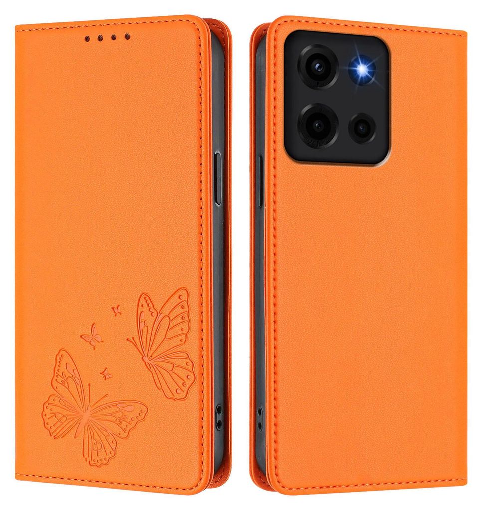 Lederhülle für Motorola Moto G 5G 2025, Schmetterling Prägung Leder Brieftasche Schutzhülle mit Ständer Orange