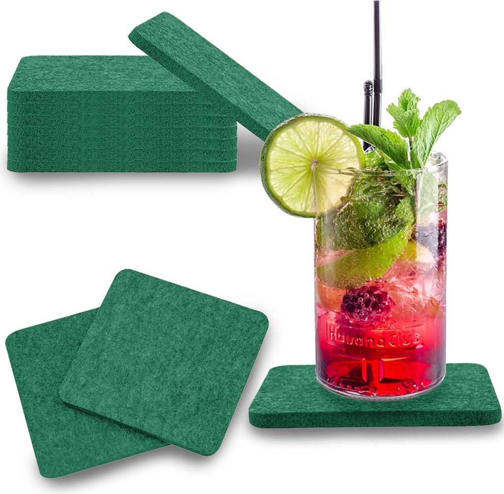 wortek Filz Untersetzer - Deko Tischset I Filzdeckel für Getränke, Tassen, Bar & Tisch, 8er Set I 10cm I Eckig, Dunkelgrün