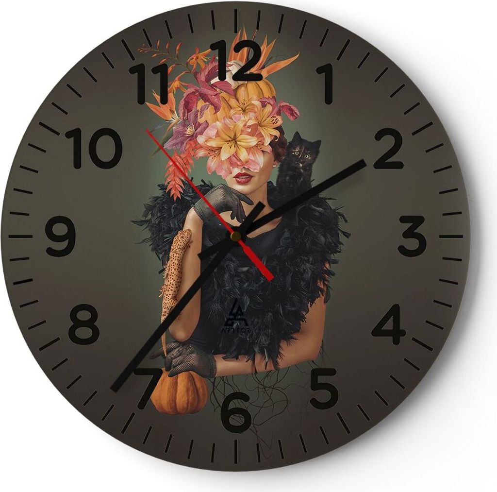 Wanduhr - Rund - Glasuhr - Frau Katze Blumen - 30x30cm - Schleichendes Uhrwerk - Lautlos - zum Aufhängen bereit - Dekoration Modern - Wanddekorati...