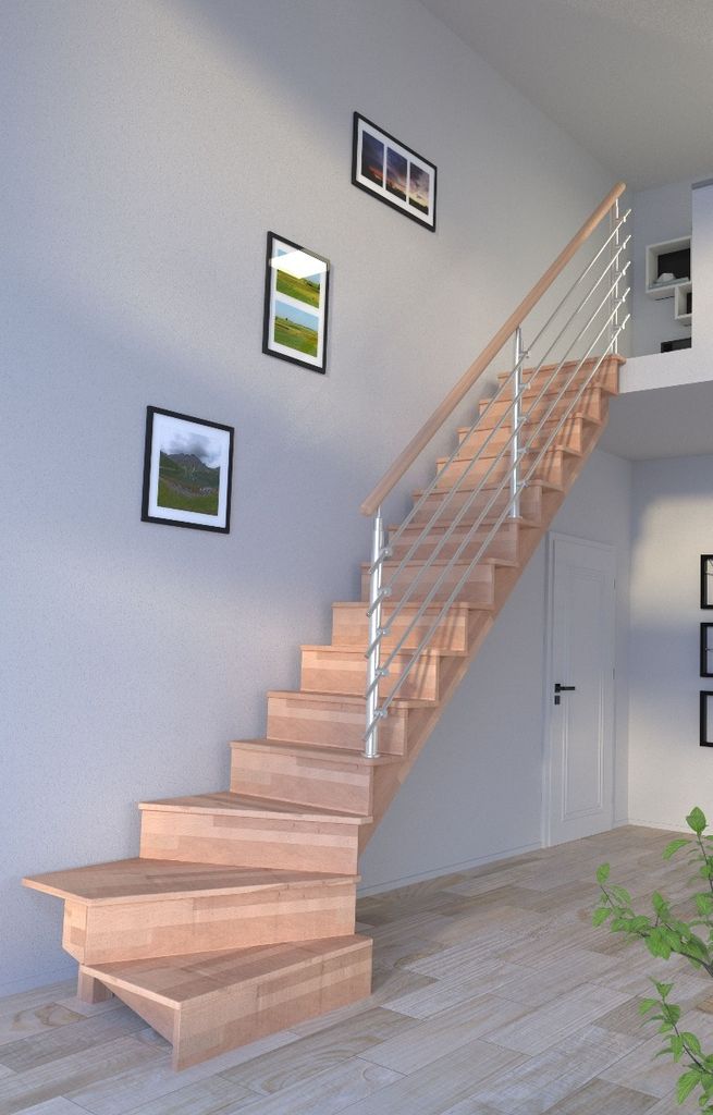 Holztreppe Lindos (Buche) in 1/4 gewendelter Ausführung rechts-100 cm-rechts-Design Geländer Edelstahl-mit Setzstufen