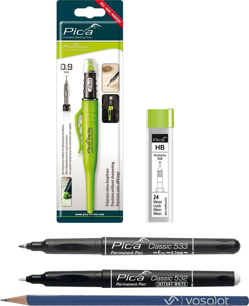 Pica Marker Set - Pica Fine Dry 0.9 + 24 Stück Ersatzminen graphit HB + Permanent Marker 0.7 schwarz + Permanent Marker weiß