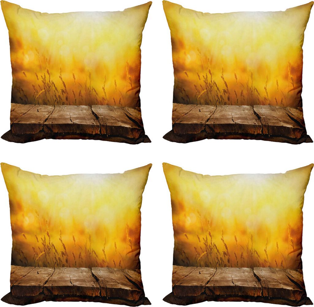 ABAKUHAUS Fallen Kissenbezug Set (4 Stück), Leerer Tisch und Weizen, Moderner Doppelseitiger Digitaldruck, 50 cm x 50 cm, Braun Orange Gelb