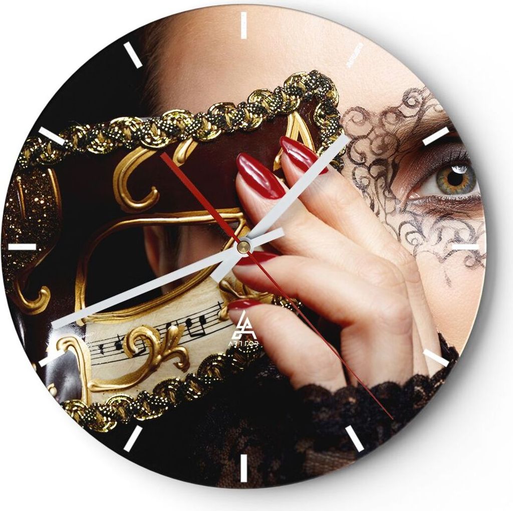 Wanduhr - Rund - Glasuhr - Frau Mode Venedig Maske - 40x40cm - Schleichendes Uhrwerk - Lautlos - zum Aufhängen bereit - Dekoration Modern - Wandde...