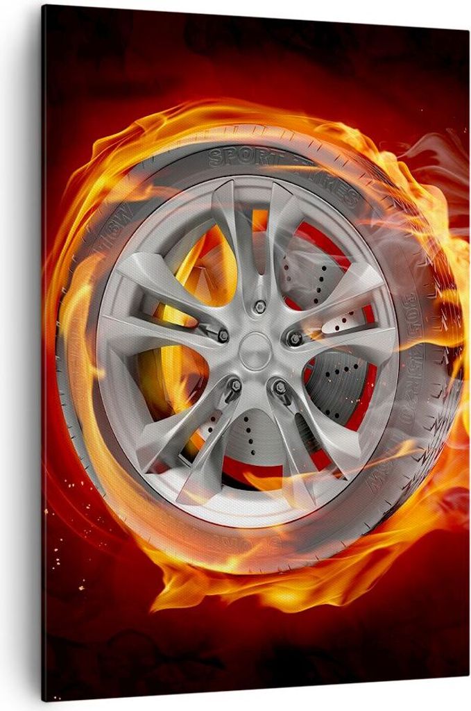 Bild auf Leinwand - Leinwandbild - Einteilig - Rad Flammen Felge - 70x100cm - Wand Bild - Wanddeko - Wandbilder - Leinwanddruck - Wanddekoration - ...