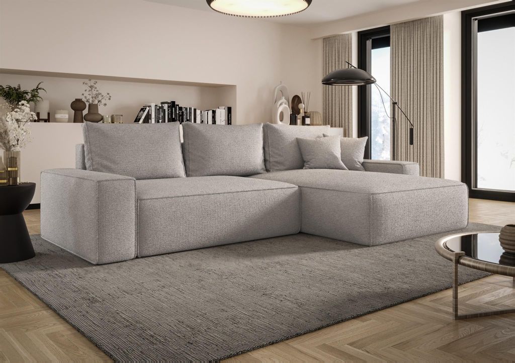 Ecksofa Schlafsofa Sofa WALKEN Stoff Aragon Hellgrau Ottomane Rechts