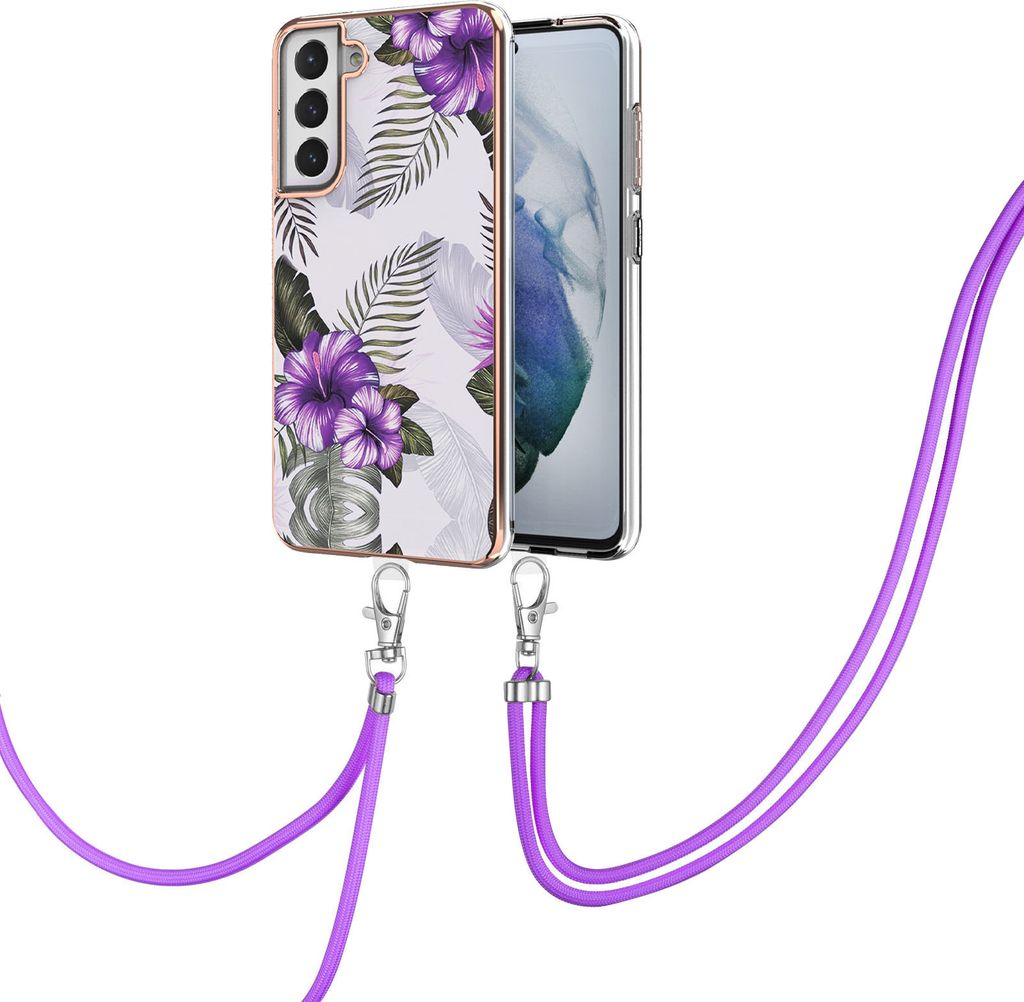 Handykette Hülle für Samsung Galaxy S21 FE Muster TPU Schutzhülle mit verstellbarem Tragegurt Lila