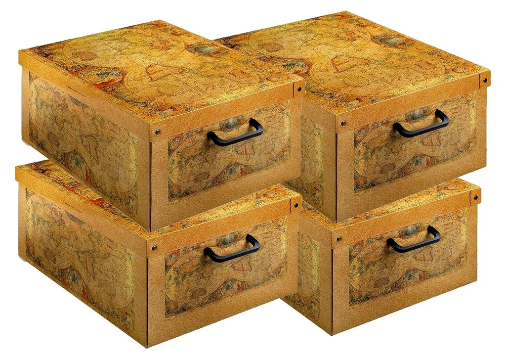 Set von 4 Aufbewahrungsboxen mit Deckel – Große Kartonboxen 25x23x17,5 cm – Stabil, einfach aufzubauen, mit Tragegriffen – Ideal für Kleide...