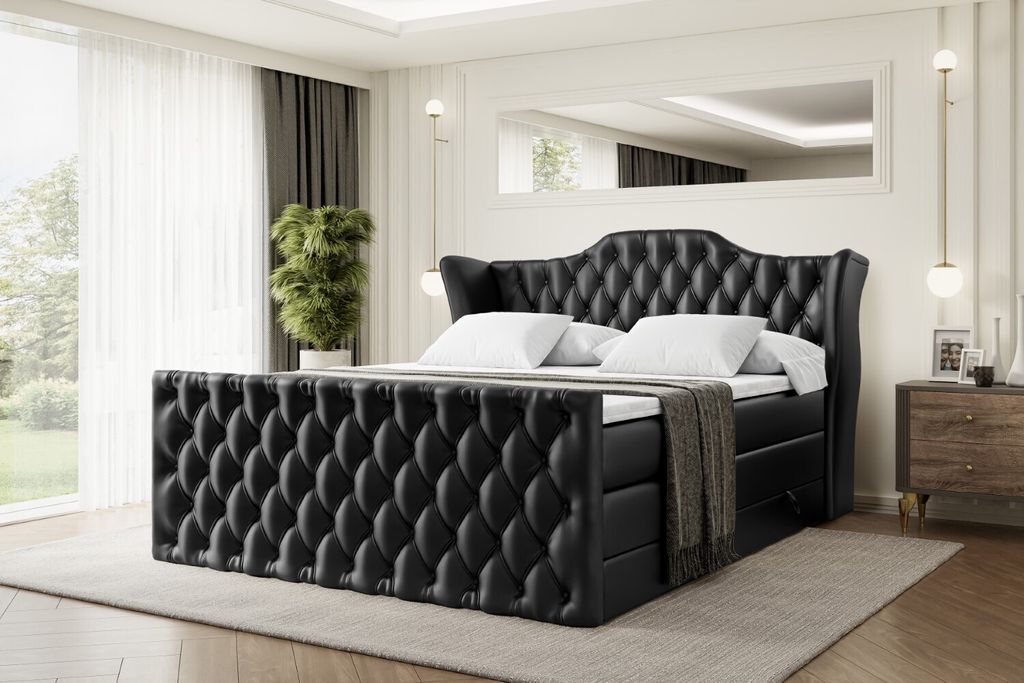 ALTDECOR Boxspringbett mit Fußteil, 2 Matratzen und Topper - 140x200 cm - VILA-Z KING - Schwarz Kunstleder - Polsterbett mit, H3- und H4- Matratze...