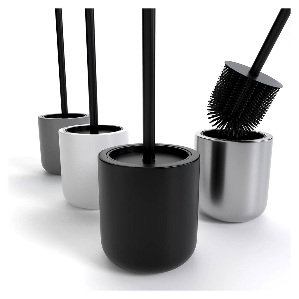 Toilettenbürste aus Edelstahl mit Silikon - Set mit Halter - WC Bürste mit antibakteriellem Kopf - WC Garnitur - Eleganter Halter für Klobürste...