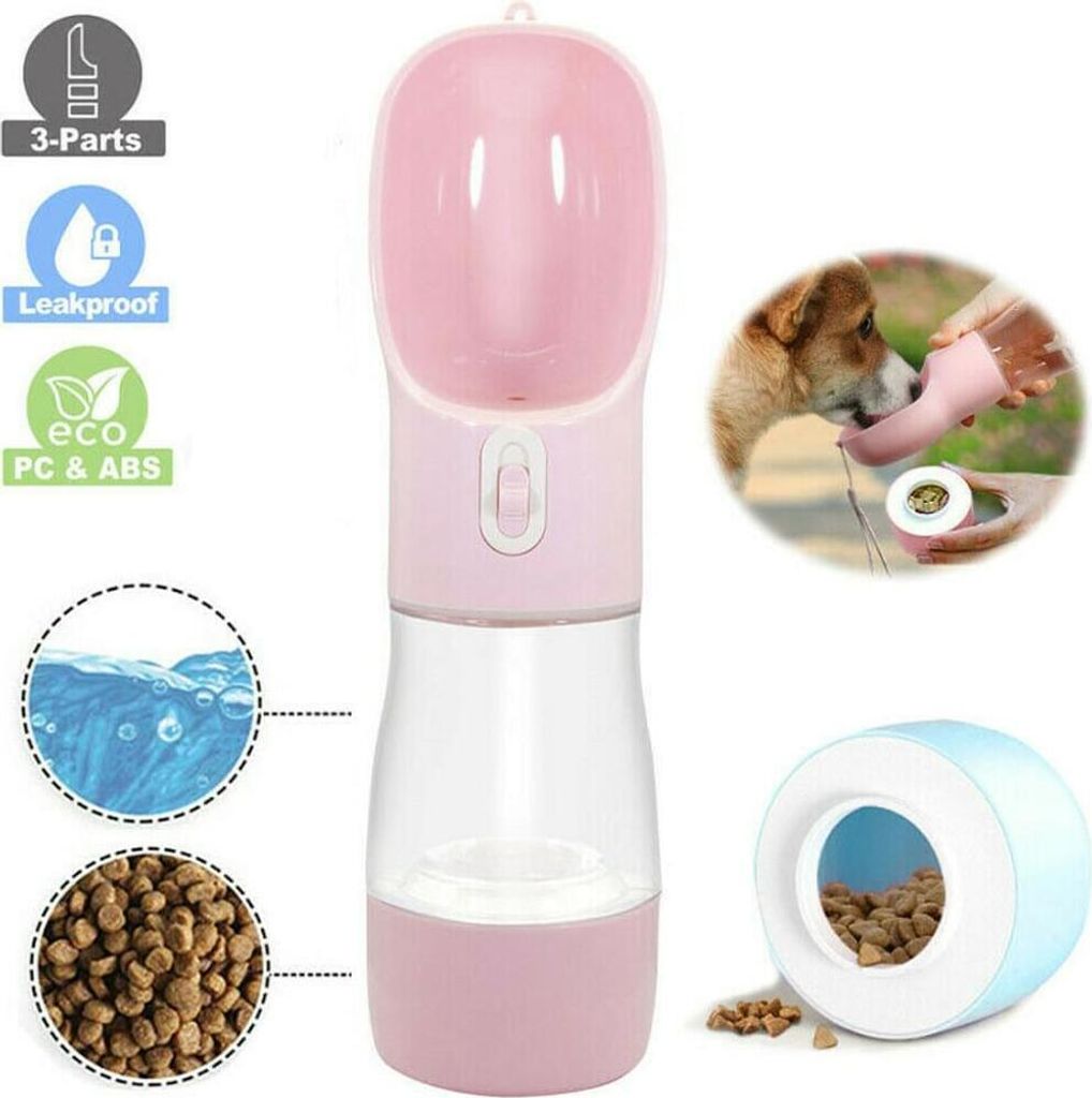 Hundetrinkflasche für unterwegs mit Futterbehälter und Produktbild 