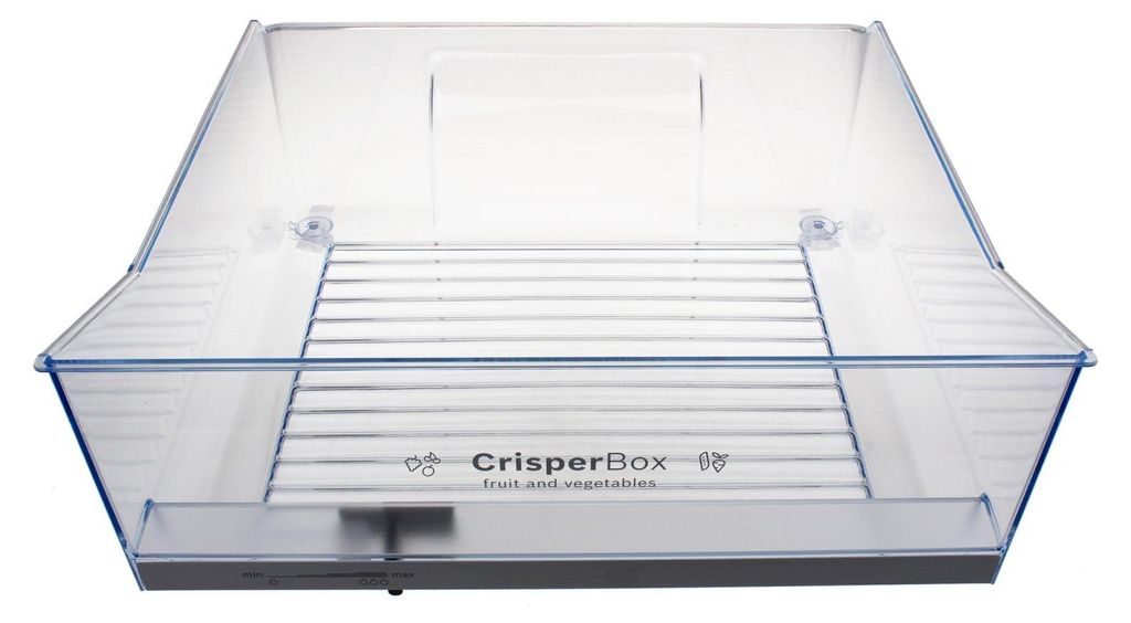 A clear plastic crisper drawer for a refrigerator.