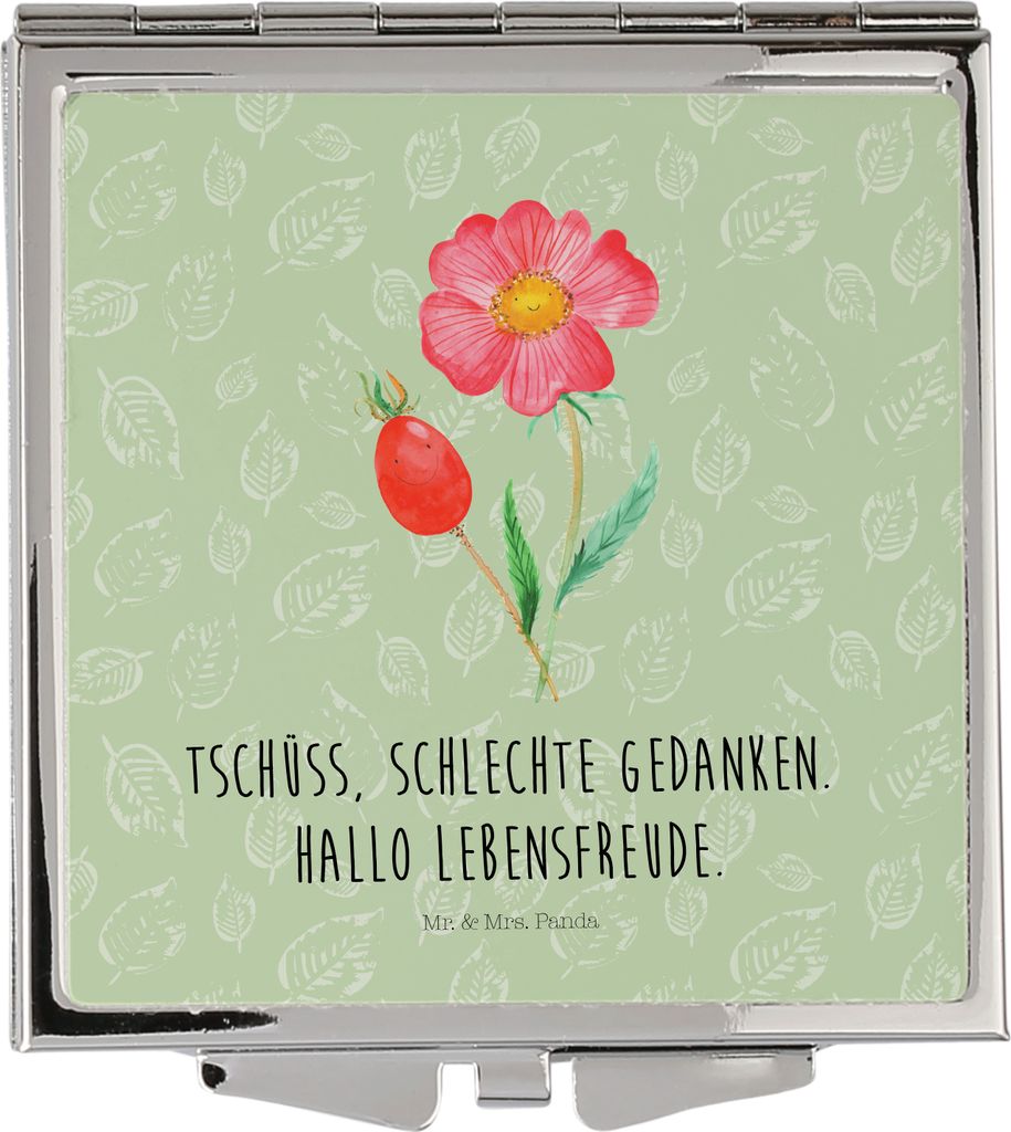 Mr. & Mrs. Panda Kosmetikspiegel Blume Hagebutte - Blattgrün - Geschenk, klappbar, Frauen Spiegel, Handspiegel, Schminkspiegel, Lebensfreude, Schl...