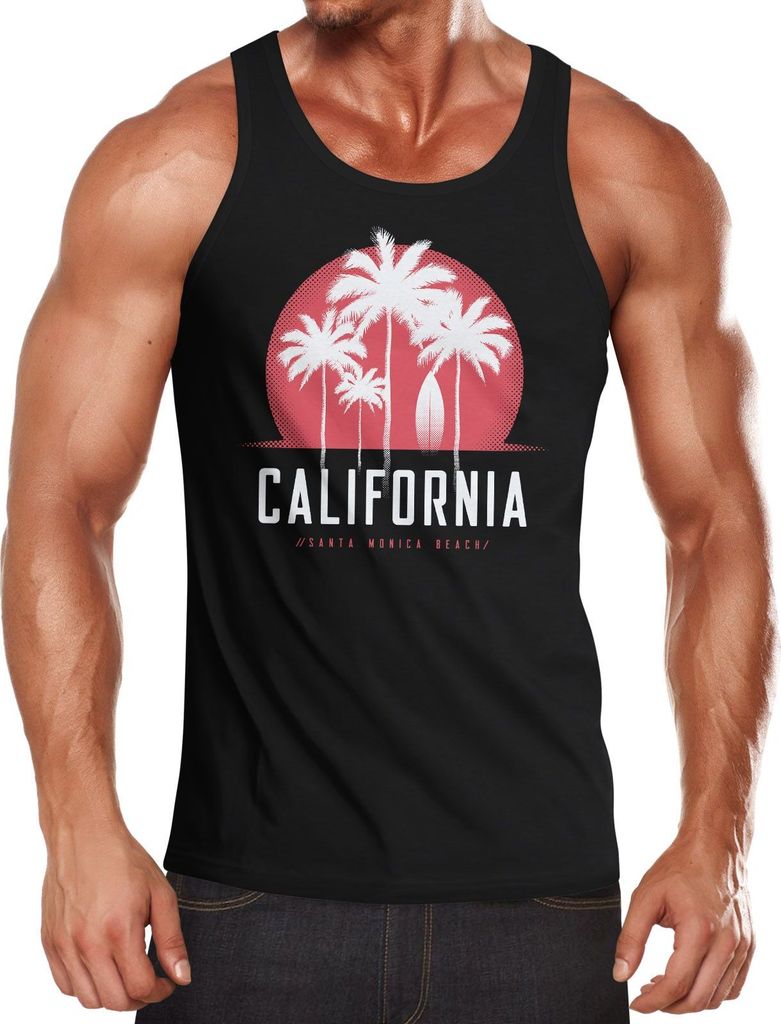 Herren Tank-Top California Palmen Santa Monica Beach Sommer Sonne Muskelshirt Muscle Shirt Neverless schwarz S