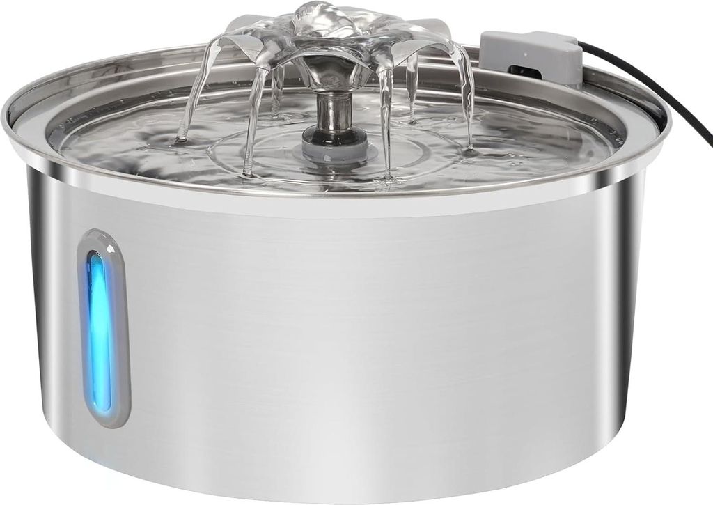 2.2 L Drinking Fountain for Cats Stainless Steel with Viewing Window, Ultra Quiet Pump, 2 Replacement Filters, Circulating Water