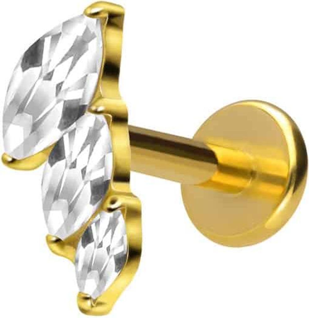 Ohrpiercing, Nasenpiercing Titan Labret mit Innengewinde 3 EINGEFASSTE KRISTALLTROPFEN Gold Stablänge: 8mm | Stabstärke: 1,2mm