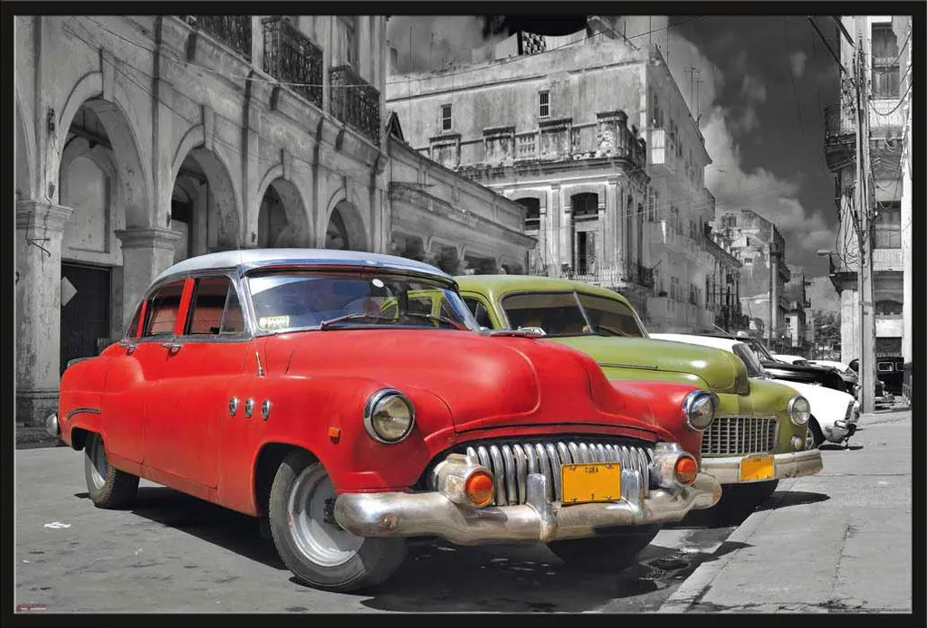 Affiche Cuba Voiture de Collection et Cadre Shinsuke Maxi Noir 61x91,5 cm