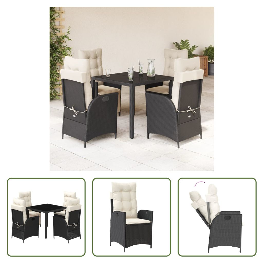 The Living Store 5-tlg. Garten-Essgruppe mit Kissen Schwarz Poly Rattan