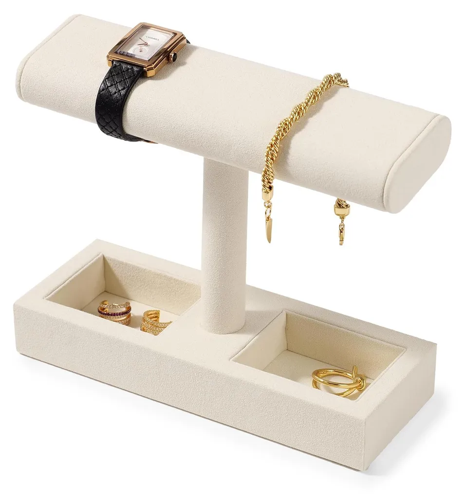 Support de montre et bracelet blanc en microfibre douce forme de T